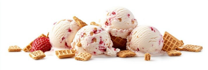 Assorted ice cream scoops on waffle base with strawberry and waffle crumbs - perfect summer dessert for catering design