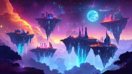 Obraz premium Floating Cities Across A Vibrant Night Sky
