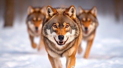 Naklejka premium Group of Wolves Running Through Snowy Forest Landscape