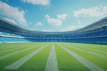 Empty stadium with green field, blue seats under a bright sky. Ideal for sports, events, or advertising related to competition and victory.