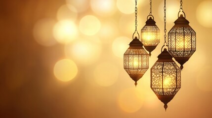 Elegant Hanging Eid Lanterns with Warm Glow and Soft Bokeh Background