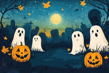 Friendly Ghosts and Pumpkins in a Spooky Graveyard