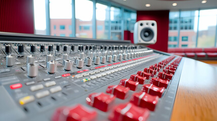 Fototapeta premium Studio mixing console, recording session, modern building background