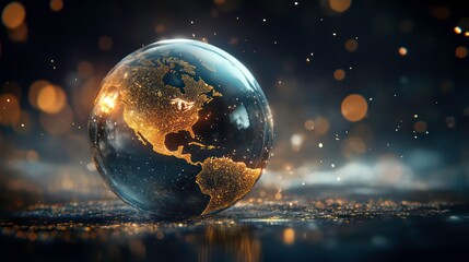 Floating Glass Globe with Continents, Surrounded by Sparkling Stars and Galaxy Dust.