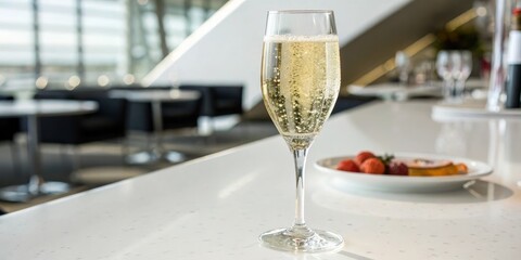 Elegant glass raised high in a champagne toast on a sleek white background, sparkling, fine dining, occasion, sophisticated, champagne