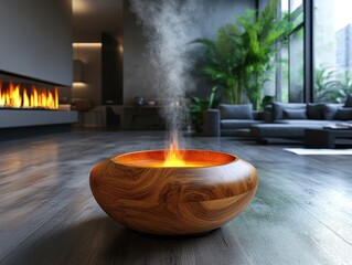 Modern living room featuring a wooden bowl with fire and steam, and a linear fireplace