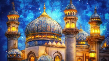 Obraz premium Majestic Colorful Palace with Glowing Domes Against Night Sky