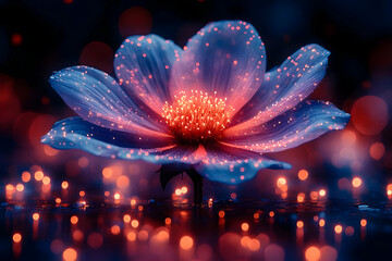 Glowing Blue Flower with Red Sparkles at Night