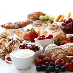 Delicious pastries, fruit, and coffee breakfast spread