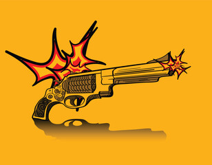 Revolver shooting with muzzle flash on orange background