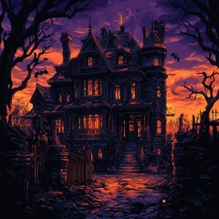 A Haunted Mansion at Sunset with Bats Flying