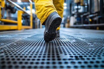 Obraz premium Close-up of a worker's foot walking on a perforated metal floor in an industrial setting.