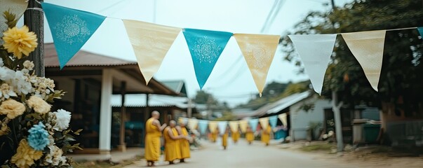 Monks procession, village street, Thailand, festive flags