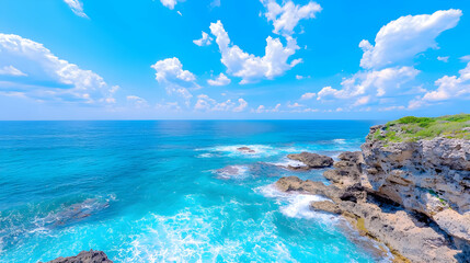 Fototapeta premium Turquoise ocean waves crashing on rocky coast under sunny sky