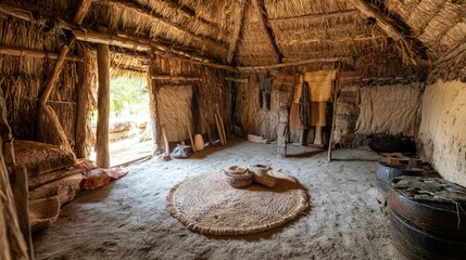 Interior of an ancient hut. Old room. The dwelling of ancient people. Wild tribe village.