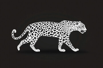 A striking black and white illustration of a leopard walking against a dark background