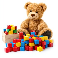 Teddy bear with colorful blocks; child's play; white background; toy photography; education