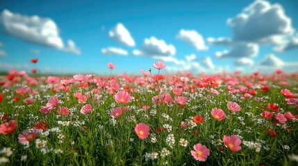 A vibrant field of pink and red cosmos flowers blooms under a bright blue sky dotted with white clouds