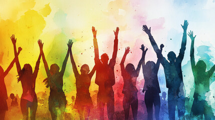 Joyous celebration with colorful silhouettes of people raising hands