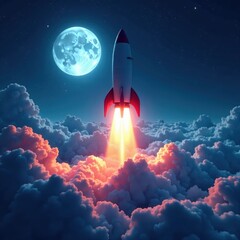 Fototapeta premium Sleek rocket ascends, moonlit clouds swirl below , fantasy, climb