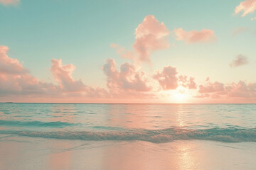 Pastel Sunset over the Maldives ocean with soft pink clouds reflecting on the water surface