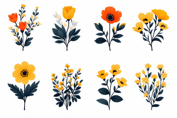 Collection of Yellow and Orange Pixel Flowers on White