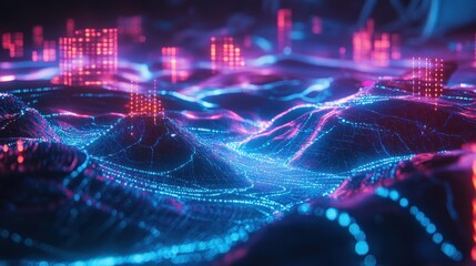 Obraz premium A neon cyber-fantasy landscape featuring floating holographic continents, interconnected by glowing energy streams representing digital trade networks. 