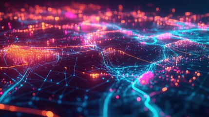 A neon cyber-fantasy landscape featuring floating holographic continents, interconnected by glowing energy streams representing digital trade networks. 