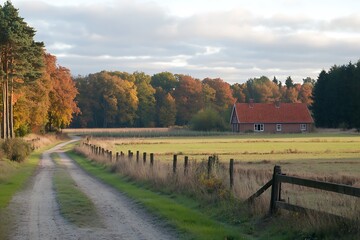 Autumnal Countryside Landscape with Farmhouse