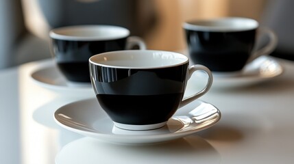 Obraz premium Elegant black and white coffee cups on a sleek white table with soft background light creating a serene atmosphere