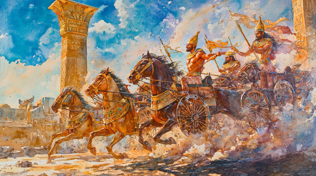 Intricate watercolor portrayal of Pharaohs chariot racing through ancient ruins