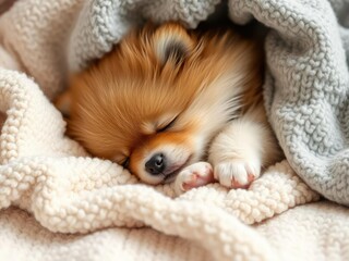 Fluffy Pomeranian puppy taking a nap on a soft blanket, quiet moment, cute dog