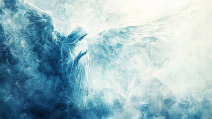 serene angel with large wings, depicted in soft blue watercolor tones, evokes tranquility