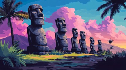 Chile Easter Island Flat Vector Illustration for Design Projects with Symbolic Moai Statues and Colorful Scenery - Tourism Conceptual Image