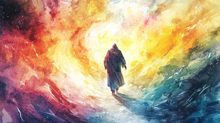 vibrant watercolor illustration of figure walking through colorful, swirling light