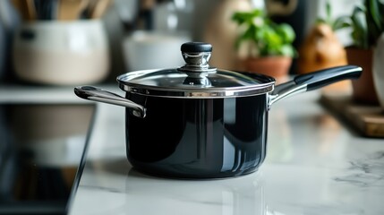 Black saucepan with lid resting on a marble counter in a modern kitchen filled with natural light