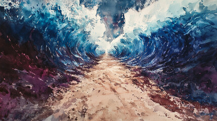 Naklejka premium Stunning watercolor image of waves crashing towards sandy shore