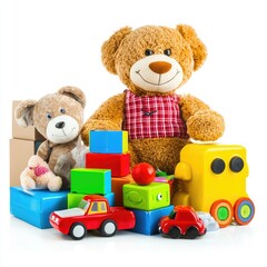 Colorful toys and teddy bears on white background; playtime fun; kids' room