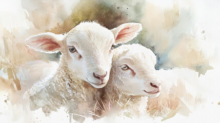 Fototapeta premium Tender watercolor illustration of lambs in serene setting