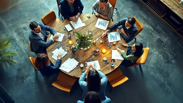 A collaborative business meeting at a round wooden table with charts, plants, and candles