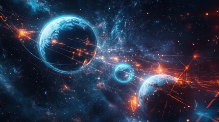 Obraz premium A sci-fi inspired digital artwork of a galactic trade network, where planets are interconnected with glowing energy lines, symbolizing interstellar commerce. 
