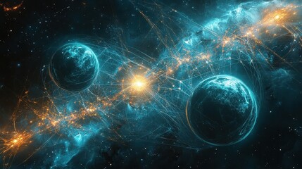 A sci-fi inspired digital artwork of a galactic trade network, where planets are interconnected with glowing energy lines, symbolizing interstellar commerce. 