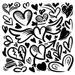 Set of heart shape doodle isolated on white background.