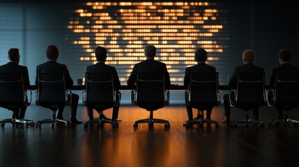 Fototapeta premium A group of professionals gathered in a corporate office setting engaged in a data driven strategy meeting with an AI powered projection displayed on the screen behind them