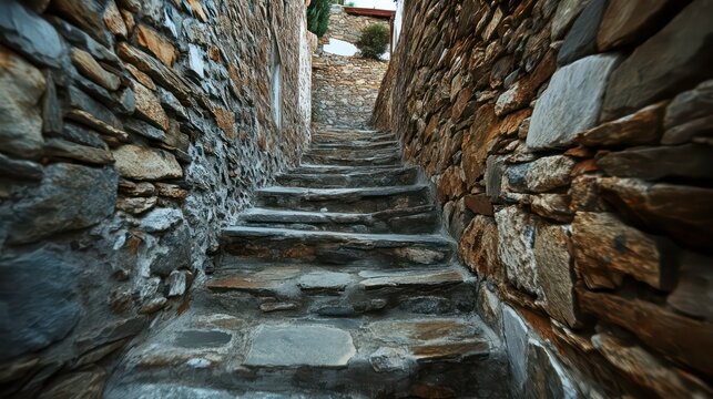 Greece, Tzia Kea island. Ioulis city narrow street with stairs and traditional stone walls
