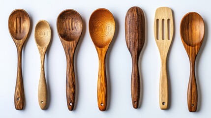 Variety of Wooden Kitchen Utensils Including Spoons, Ladles, and Serving Tools on a Bright Background