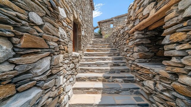 Greece, Tzia Kea island. Ioulis city narrow street with stairs and traditional stone walls