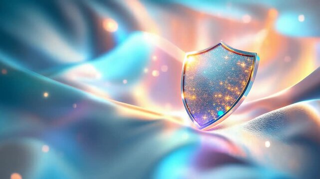 Shimmering Shield of Protection: A crystalline shield, glowing with inner light, rests on a softly draped, iridescent fabric.  The image evokes a sense of safety, security, and digital protection. 