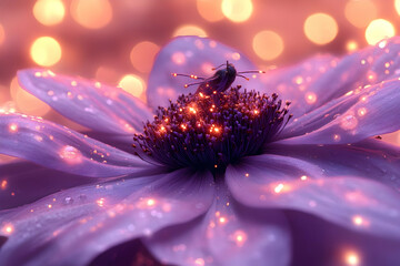 Obraz premium Glowing Purple Flower with Insect and Sparkling Lights