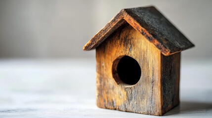 Rustic wooden birdhouse with a round entrance hole and textured surface on a soft background